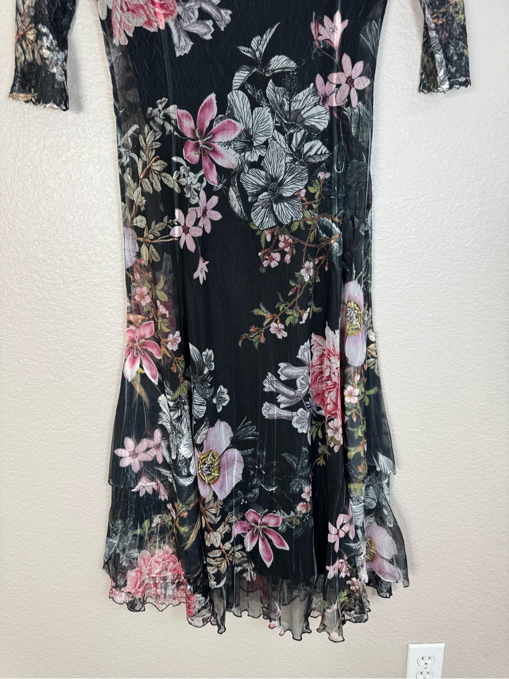 Komarov Floral Print Charmeuse Chiffon Lace Midi Dress 3/4 Sleeves Large $298 - Picture 10 of 12